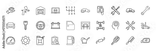 Automotive line icon set. Vector pictograms of car, wrench, steering wheel, battery, gas pump, speedometer, garage, key, and chassis, thin linear illustration.