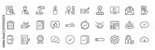 Business and verification line icon set. Vector pictograms of document, user, security, checklist, stamp, email, smartphone, calendar, cloud, padlock, thin linear illustration.