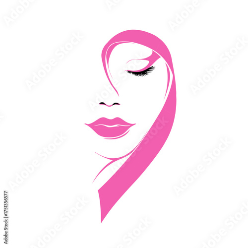 Woman Face Pink Ribbon Vector - Breast Cancer Awareness Beauty and Hope Doodle Icon