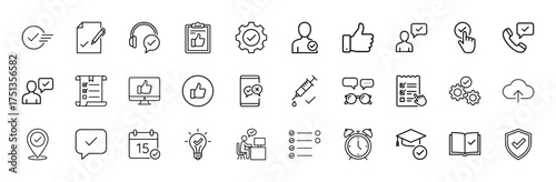 Approval and confirmation line icon set. Vector pictograms of checkmarks, documents, feedback, settings, users, communication, health, tasks, and security, thin linear illustration.