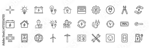 Electricity energy line icon set. Vector pictograms of light bulb, battery, plug, house, meter, engineer, turbine, pole, outlet, charger, chip, globe, switch, thin linear illustration.