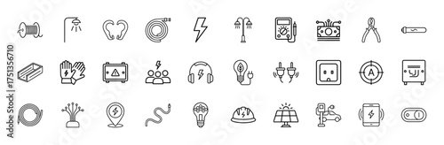 Electricity and energy line icon set. Vector pictograms of wire reel, street lamp, lightning, multimeter, plugs, wall socket, solar panel, electric car, and charging phone, thin linear illustration.