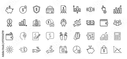 Finance line icon set. Vector pictograms of piggy bank, credit card, charts, money safe, wallet, mobile payment, calendar, shopping bag, thin linear illustration.