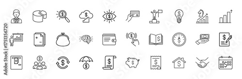 Finance and business line icon set. Vector pictograms of businessman, charts, credit card, wallet, piggy bank, ATM, contract, handshake, calendar, thin linear illustration.
