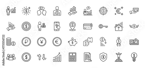 Business and finance line icon set. Vector pictograms of growth, currency, investment, banking, credit card, piggy bank, calculator, and security, thin linear illustration.