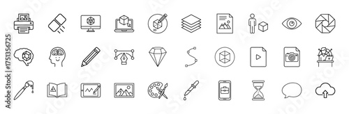 Creative design line icon set. Vector pictograms of printer, 3D models, layers, files, pen tool, palette, brush, and digital devices, thin linear illustration.
