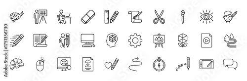 Creative process and digital design line icon set. Vector pictograms of brain, pencil, computer, easel, ruler, scissors, paintbrush, color palette, eraser, graphic tablet, thin linear illustration.