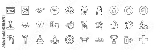 Health and fitness line icon set. Vector pictograms of gym sign, heart rate, stopwatch, healthy food, runner, barbell, meditation, water, apple, thin linear illustration.
