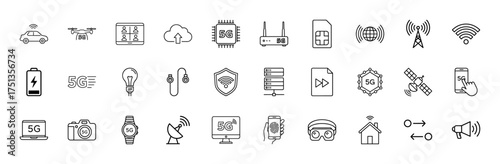 Telecommunication 5g line icon set. Vector pictograms of connected car, drone, chip, router, sim, antenna, satellite, smartphone, laptop, smartwatch, smart home, thin linear illustration.