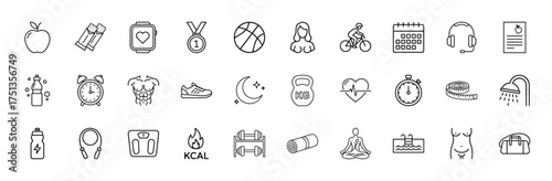 Health and wellness line icon set. Vector pictograms of apple, smartwatch, medal, basketball, water bottle, kettlebell, dumbbells, yoga mat, swimming pool, thin linear illustration.