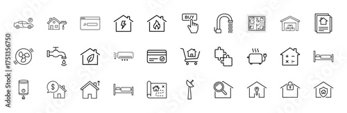 Real estate and property management line icon set. Vector pictograms of house, car, energy, water, credit card, floor plan, security, thin linear illustration.