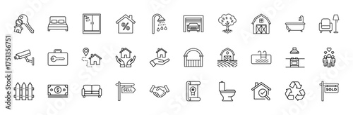 Real estate line icon set. Vector pictograms of house keys, bed, mortgage house, shower, garage, tree, barn, bathtub, camera, money, sofa, sell sign, handshake, and contract, thin linear illustration.