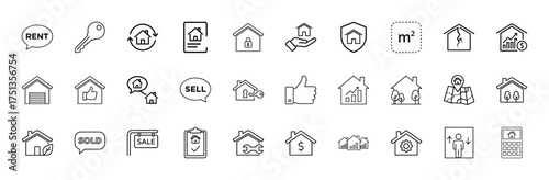 Real estate line icon set. Vector pictograms of houses, keys, rent, sell, property security, valuation, location, repair, sales, documents, and calculation, thin linear illustration.