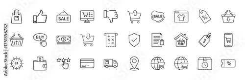 E-commerce line icon set. Vector pictograms of shopping bag, sale sign, computer, cart, money, receipt, shield, smartphone, wallet, credit card, delivery, and globe, thin linear illustration.