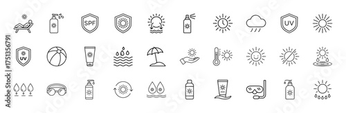 Summer and sun protection line icon set. Vector pictograms of SPF, UV shields, sunscreen, beach ball, umbrella, thermometer, weather, and tanning, thin linear illustration.