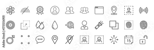 Universal interface line icon set. Vector pictograms of user, location, internet, fingerprint, calendar, padlock, water, signal, and atom, thin linear illustration.