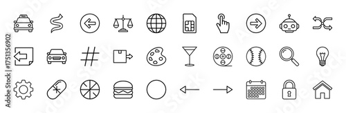 Universal line icon set. Vector pictograms of taxi, car, globe, SIM card, robot, lightbulb, scales, calendar, lock, and home, thin linear illustration.