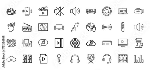 Media and entertainment line icon set. Vector pictograms of recording devices, playback equipment, audio, video, film, and music instruments, thin linear illustration.