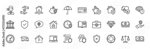 Insurance and protection line icon set. Vector pictograms of human, house, piggy bank, umbrella, credit card, heart, brain, document, and delivery, thin linear illustration.