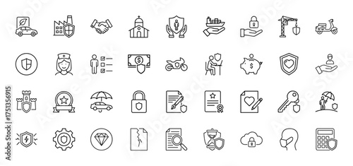 Insurance line icon set. Vector pictograms of car, house, person, ship, lock, money, nurse, contract, key, cloud, calculator, thin linear illustration.