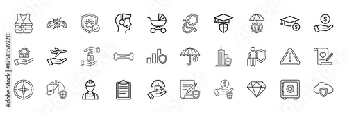 Insurance line icon set. Vector pictograms of life vest, car accident, home, airplane, pet, health, finance, education, property, security, document, cloud, diamond, worker, thin linear illustration.