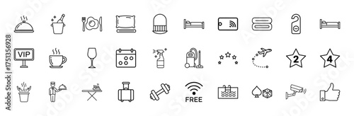 Hospitality line icon set. Vector pictograms of bed, food, champagne, keycard, towel, VIP, coffee, bellhop, luggage, wifi, pool, camera, thin linear illustration.