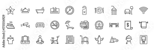 Hospitality and accommodation line icon set. Vector pictograms of reception bell, bathtub, swimming pool, breakfast, wifi, iron, luggage, and payment services, thin linear illustration.