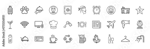 Hotel services line icon set. Vector pictograms of luggage, paw, room service, concierge, chef, bar, wifi, airplane, maid, key, currency, shower, thin linear illustration.