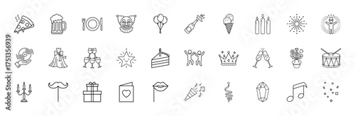Party and celebration line icon set. Vector pictograms of pizza, beer, champagne, balloons, cake, fireworks, music, gifts, dancers, candles, wine, crown, clown, thin linear illustration.