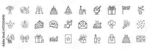 Party and celebration line icon set. Vector pictograms of cameras, records, champagne, cakes, pizza, gifts, masks, balloons, confetti, and music, thin linear illustration.