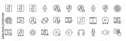 Music and video line icon set. Vector pictograms of musical notes, play buttons, headphones, microphone, speaker, records, media players, and ratings, thin linear illustration.