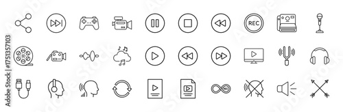 Multimedia entertainment line icon set. Vector pictograms of share, gamepad, video camera, microphone, headphones, film reel, sound wave, play controls, thin linear illustration.