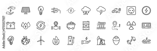 Energy line icon set. Vector pictograms of solar panels, wind turbine, electric car charging, power socket, light bulb, car battery, and oil pump, thin linear illustration.