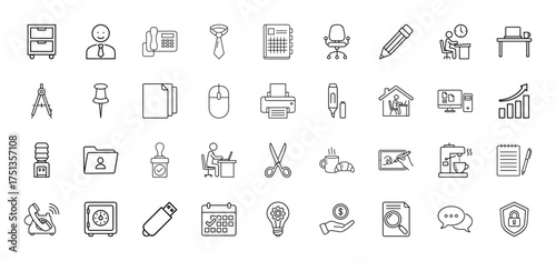 Business and office line icon set. Vector pictograms of cabinet, businessman, telephone, notebook, chair, pencil, printer, computer, calendar, security, thin linear illustration.