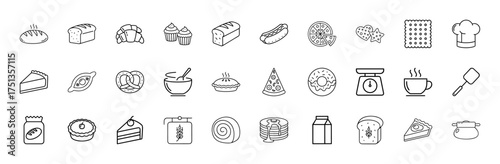 Bakery and food line icon set. Vector pictograms of bread, croissant, pizza, pie, donut, chef hat, pretzel, and kitchen scale, thin linear illustration.