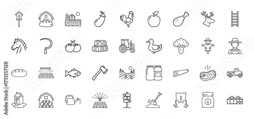 Farming line icon set. Vector pictograms of farm animals, produce, agricultural machinery, buildings, and tools, thin linear illustration.