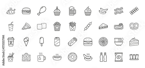Food and beverage line icon set. Vector pictograms of burger, pizza, fries, chicken, hot dog, ice cream, cake, coffee, soda, beer, snacks, desserts, thin linear illustration.