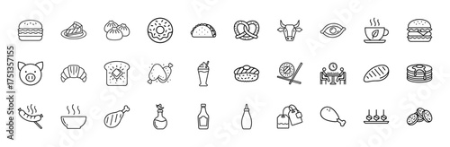 Food and beverages line icon set. Vector pictograms of hamburgers, cakes, donuts, tacos, pretzels, croissants, sushi, pancakes, hot meals, and various drinks, thin linear illustration.