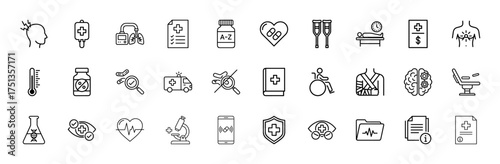 Medical line icon set. Vector pictograms of headache, IV drip, ventilator, crutches, ambulance, microscope, DNA flask, patient records, and pills, thin linear illustration.