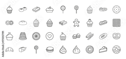 Bakery and pastry line icon set. Vector pictograms of cupcakes, pies, cookies, donuts, bread, macarons, pretzels, and eclairs, thin linear illustration.