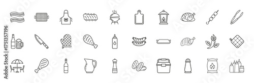 Barbecue and grilling line icon set. Vector pictograms of grill, apron, ribs, cutting board, skewer, tongs, beer, chicken, sausages, sauces, and cooler, thin linear illustration.