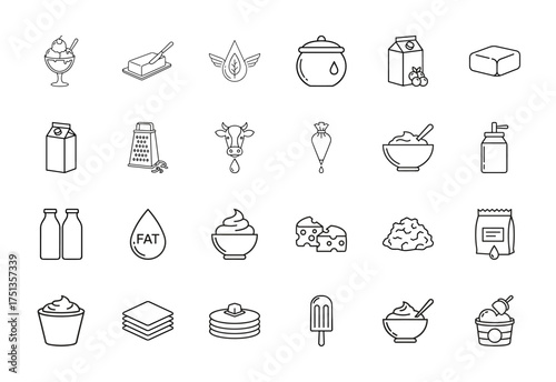 Food and dairy line icon set. Vector pictograms of butter, milk, cheese, ice cream, cream, pancakes, grater, cow, and fat, thin linear illustration.