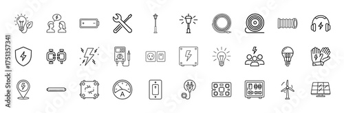 Electrical engineering line icon set. Vector pictograms of light bulb, battery, tools, multimeter, wall socket, electrical panel, wind turbine, and solar panel, thin linear illustration.