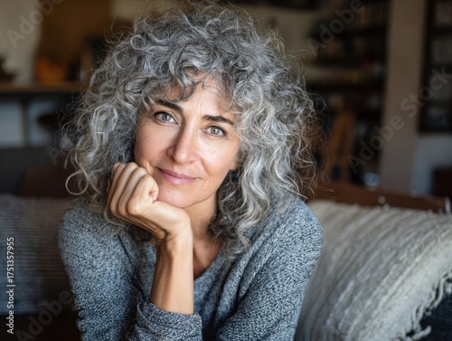 Happy 50 years old woman sitting on sofa at home looking at camera. Smiling middle aged lady posing in living room at home. Mature older female with curly gray hair relaxing on couch. Portrait