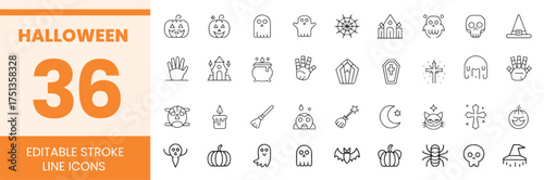 Halloween Line Icons Vector Set | 36 Minimal Outline Symbols of Pumpkins, Ghosts, Witches, and Skulls – Editable Stroke, Modern Style