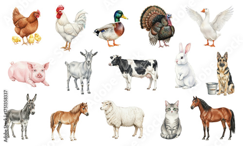 Detailed Watercolor Collection of Domestic Farm Animals