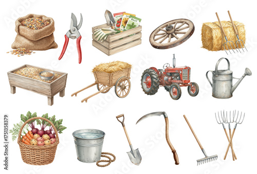 Rustic Watercolor Farm and Gardening Tools Collection