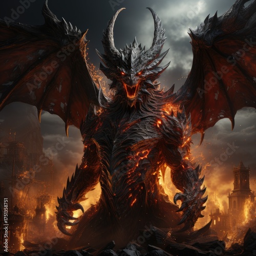 A terrible demon in fire. A terrible demon in flames. A demon from hell.