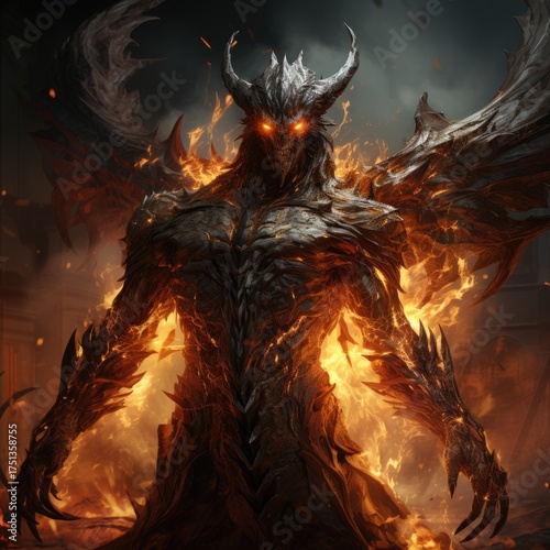 A terrible demon in fire. A terrible demon in flames. A demon from hell.