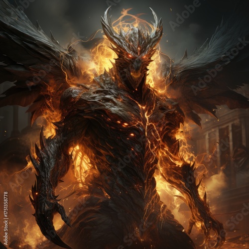 A terrible demon in fire. A terrible demon in flames. A demon from hell.
